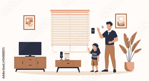 Family Embracing Smart Home Automation And Voice Activated Control System At Home