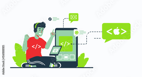 Successful Mobile Developer Creating An Application For Apple Devices Illustration