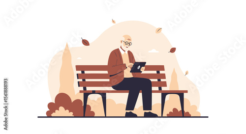 Senior Man Relaxes On A Park Bench While Using His Tablet Device