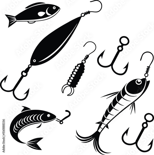 Fishing lure vector set with realistic bait fish and treble hooks illustration