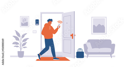 Smart Home Access Man Using Phone For Door Automation System Illustration