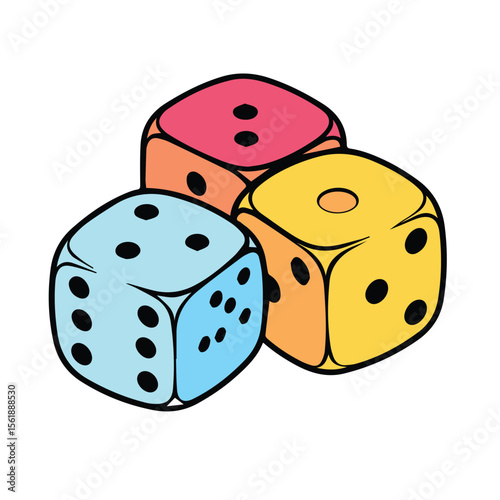 Colorful dice graphic illustration with no people or settings. Three dice in various shades of pastel colors overlap and display different sides.