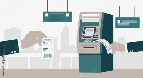 Financial Transaction At An Automated Teller Machine In The City Downtown