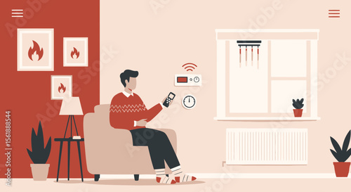 Smart Home Control System Illustration Man Adjusting Temperature With Remote