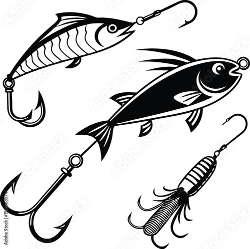 Fishing lure vector set with realistic bait fish and treble hooks illustration