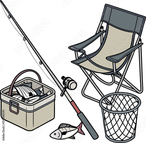 Vector illustration of fishing gear set with rod, chair, basket, fish, and tackle box for outdoor angling equipment