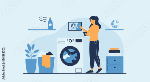Smart Home Woman Controlling Washing Machine with Digital Display Technology