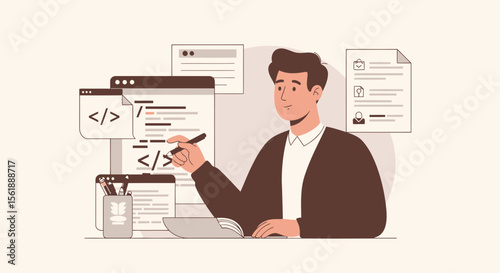 Software Developer Creates Codes For Software And Apps On Desktop Workplace