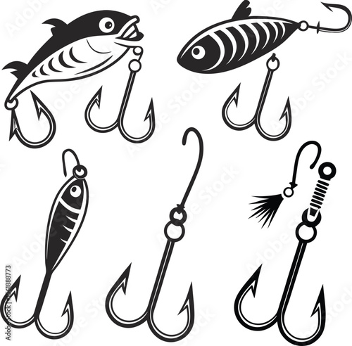 Fishing lure vector set with realistic bait fish and treble hooks illustration