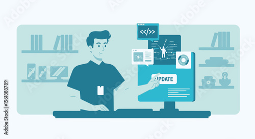 Software Developer Installing Update On His Computer In Modern Office