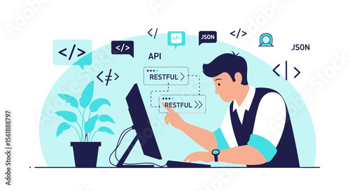 Software Developer Working On Api And Restful Programming Project At His Workplace