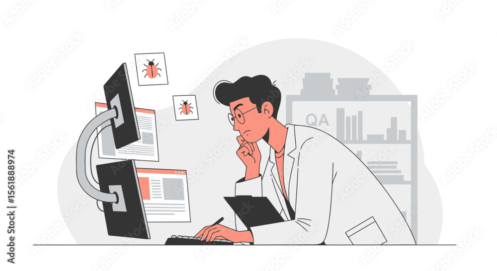 Software Tester Diagnosing Bugs on Multiple Computer Screens During Quality Assurance Software Tester Diagnosing Bugs on Multiple Computer Screens During Quality Assurance