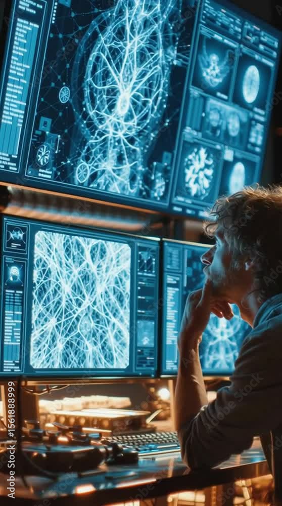 AI researcher surrounded by monitors showing neural networks and code ...