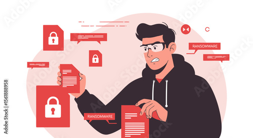 Frustrated Man Encounters Ransomware Attack On Digital Files And Needs Data Protection