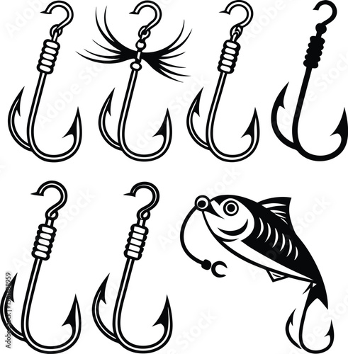 Fishing lure vector set with realistic bait fish and treble hooks illustration
