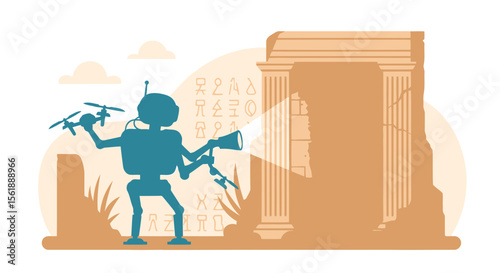 Futuristic Archaeological Expedition Exploring Ancient Ruins With Robot And Drone
