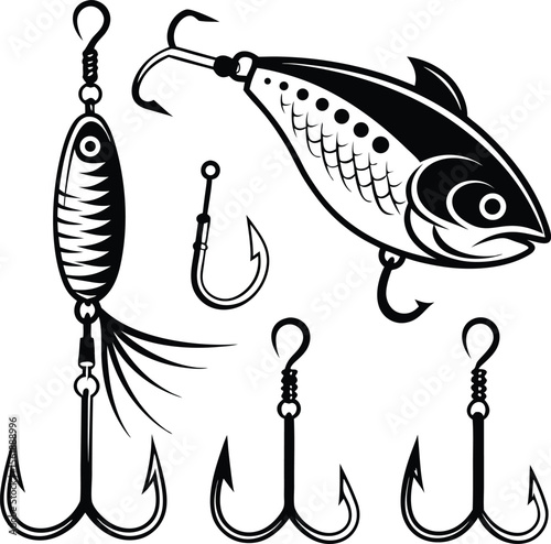 Fishing lure vector set with realistic bait fish and treble hooks illustration
