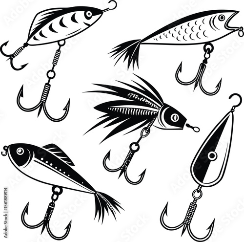 Fishing lure vector set with realistic bait fish and treble hooks illustration