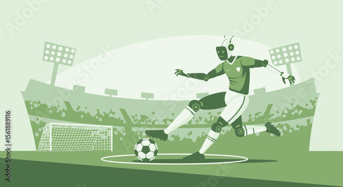 Futuristic Football A Robot Player Kicks The Ball On The Stadium Field
