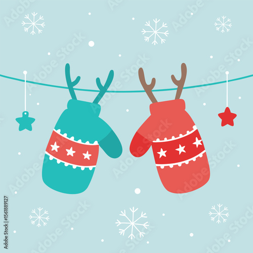 Cute Winter Mittens with Antlers and Star Decorations Hanging on String with Snowflakes – Festive Flat Design Christmas Illustration on Light Blue Background