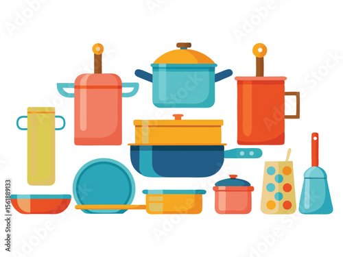Collection of colorful kitchen pots pans bowls and utensils isolated on white background
