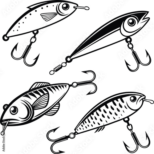 Fishing lure vector set with realistic bait fish and treble hooks illustration