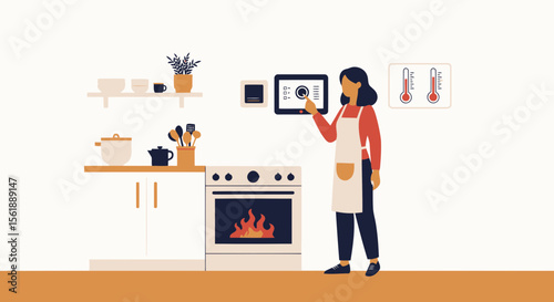 Woman Managing Smart Home Appliances With Touchscreen In Kitchen Illustration