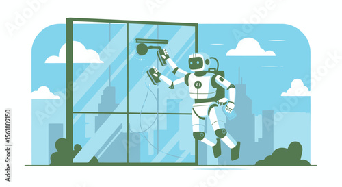 Futuristic Robot Cleaning Windows of a Modern Building for Efficiency and Precision