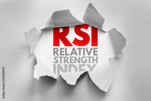 RSI acronym for Relative Strength Index revealed through torn paper. Financial indicator concept used in technical analysis for stock trading, overbought/oversold signals, and market momentum