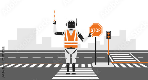 Futuristic Traffic Control Robot Directing Pedestrians Safety At Crosswalk