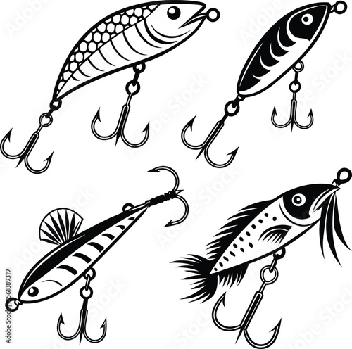 Fishing lure vector set with realistic bait fish and treble hooks illustration