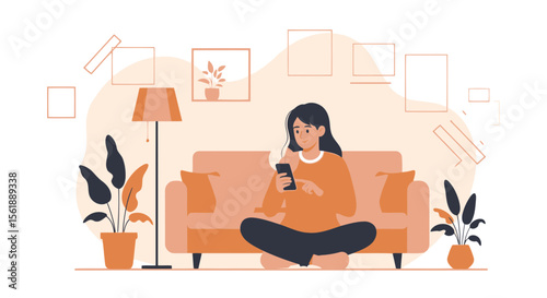 Woman Relaxing At Home Using Smartphone In A Cozy Modern Living Room