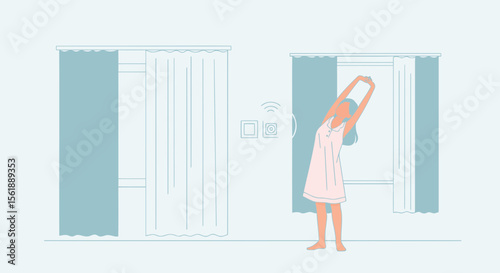 Woman Stretching By Windows In The Morning In Minimalist Interior Design Style