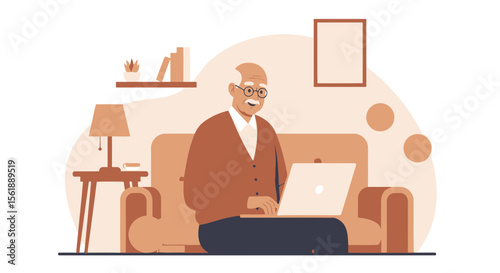 Happy Senior Man Using Laptop Computer on Sofa At Home