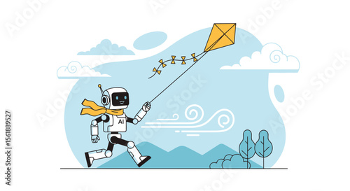Happy Robot Running With Kite Outdoors Under A Beautiful Blue Sky Illustration