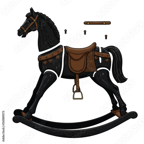 Vector art of a black wooden rocking horse, segmented parts shown individually, decorative vintage theme Adobe Illustrator Artwork