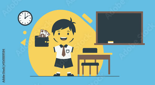 Happy Student Holding Wallet With Money In Classroom Education Illustration