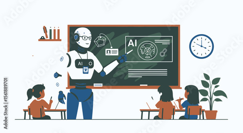 Innovative Education Robot Teacher Guiding Students In Classroom Environment