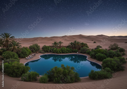 Starlit desert oasis with a tranquil pool surrounded by lush greenery and sand dunes at dawn. Generative AI