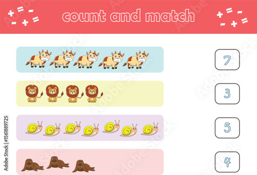 Education game for children count and match of cute wild animals. Educational game for kids. Printable worksheet. Vector Illustration