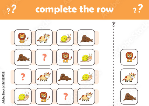 Education game for children complete the pattern. Cute wIld animals. Vector Illustration