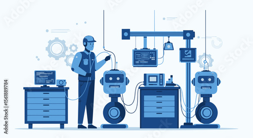 Technician Works on Robot in a Modern Factory Setting Smart Robotic Arm Production