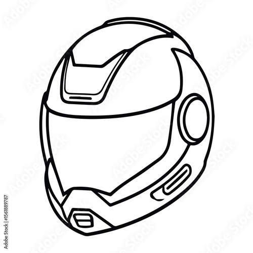 Futuristic helmet design for a fictional character in a monochromatic style. Detailed exterior with a visor and air vents, displayed in a studio background.