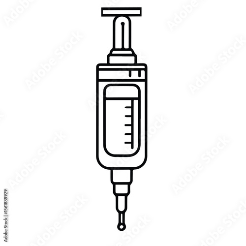 Medical syringe illustration in black and white. Simple, graphic representation of a syringe with a clear container and calibrated measuring scale.
