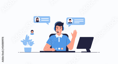 Virtual Communication Showing A Man Waving During An Online Conference