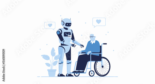 Loving Robot Caregiver Assisting Senior Man in Wheelchair With Heart Balloons