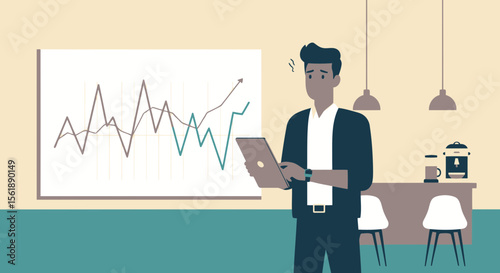 Man Analyzes Stock Market Data with Laptop and Concerned Expression in Office