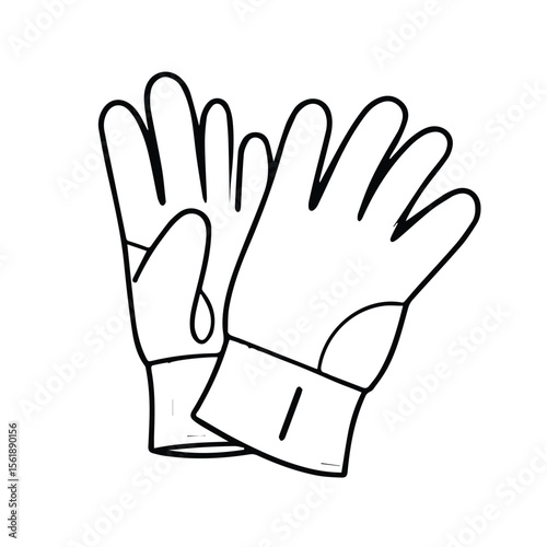 Pair of work gloves depicted in a simple line drawing. Outlined gloves with no background or specific location.