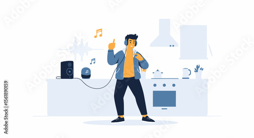 Young Man Dancing And Listening Music With Wireless Speaker In Modern Kitchen