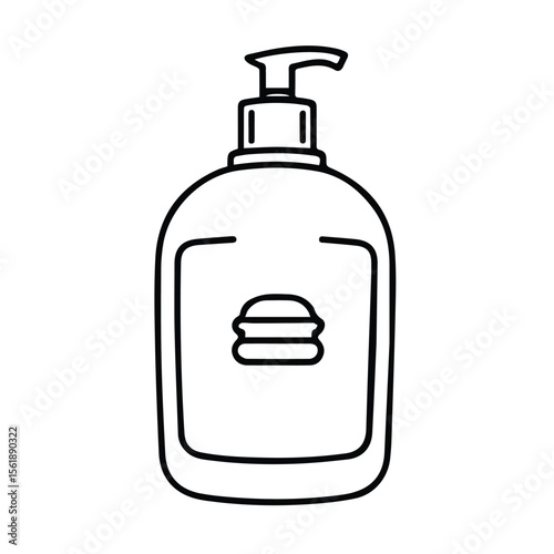 Hand drawn illustration of a pump bottle with a burger graphic, showing product design and packaging. Simple, clean line art design, suitable for advertising, editorial, or food-related content.